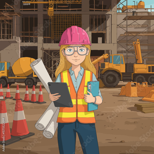A female construction worker wearing a pink hard hat and safety vest stands confidently on a construction site, holding blueprints and a tablet with a backdrop of heavy machinery.