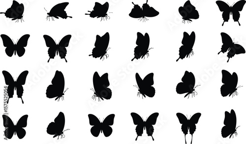 A collection of twenty four black butterfly silhouettes on a white background pattern