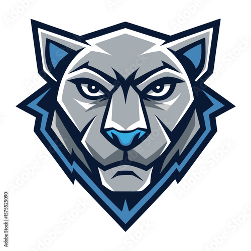 Geometric stylized wolf head with piercing white eyes and blue highlights stares forward intently