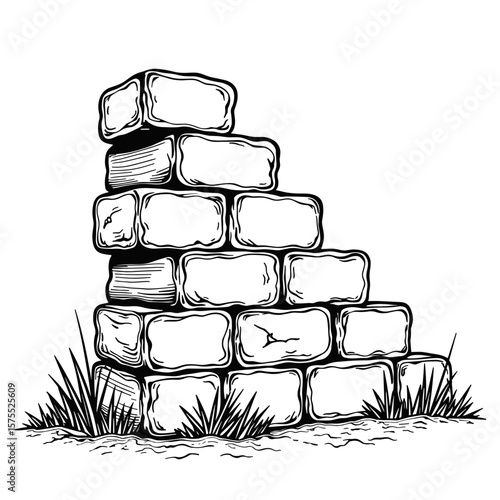 Concrete block wall for kids, black and white coloring book illustration