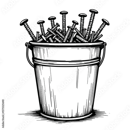 Metal bucket with nails and screws, kids coloring book illustration