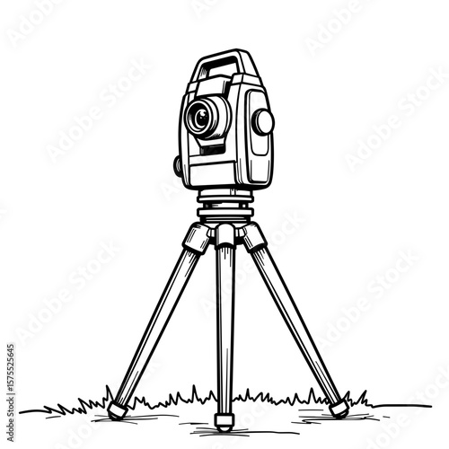 Abstract laser level on tripod line art, kids coloring book illustration
