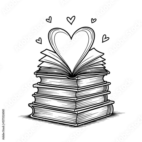 Stack of books with hearts for kids coloring, educational love theme