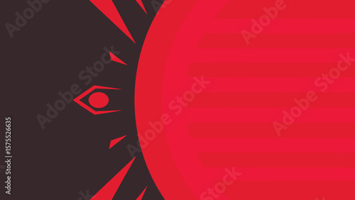 Abstract geometric design featuring red eye element and striking red background