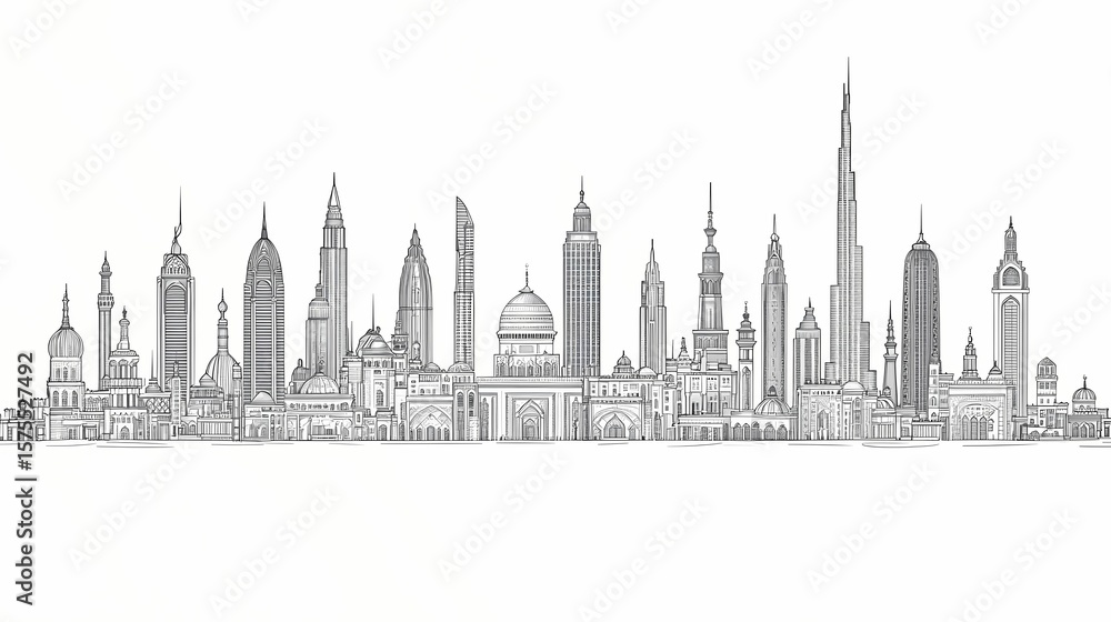Obraz premium Detailed line drawing of a city skyline.