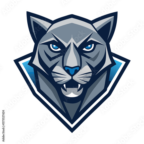 A grey lynx head bares its fangs, framed with blue shapes, on white