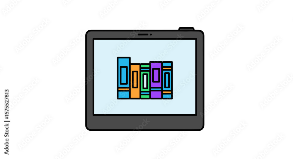 Digital tablet displaying colorful library bookshelves isolated on transparent background Digital tablet displaying colorful library bookshelves isolated on transparent background