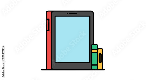Digital library tablet with colorful books in flat design and isolated on transparent background  