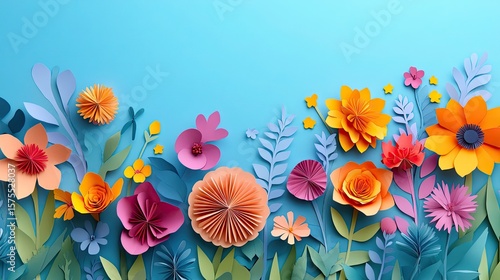 Colorful cut paper flower collage on bright blue background, handmade art concept for spring, crafts or education