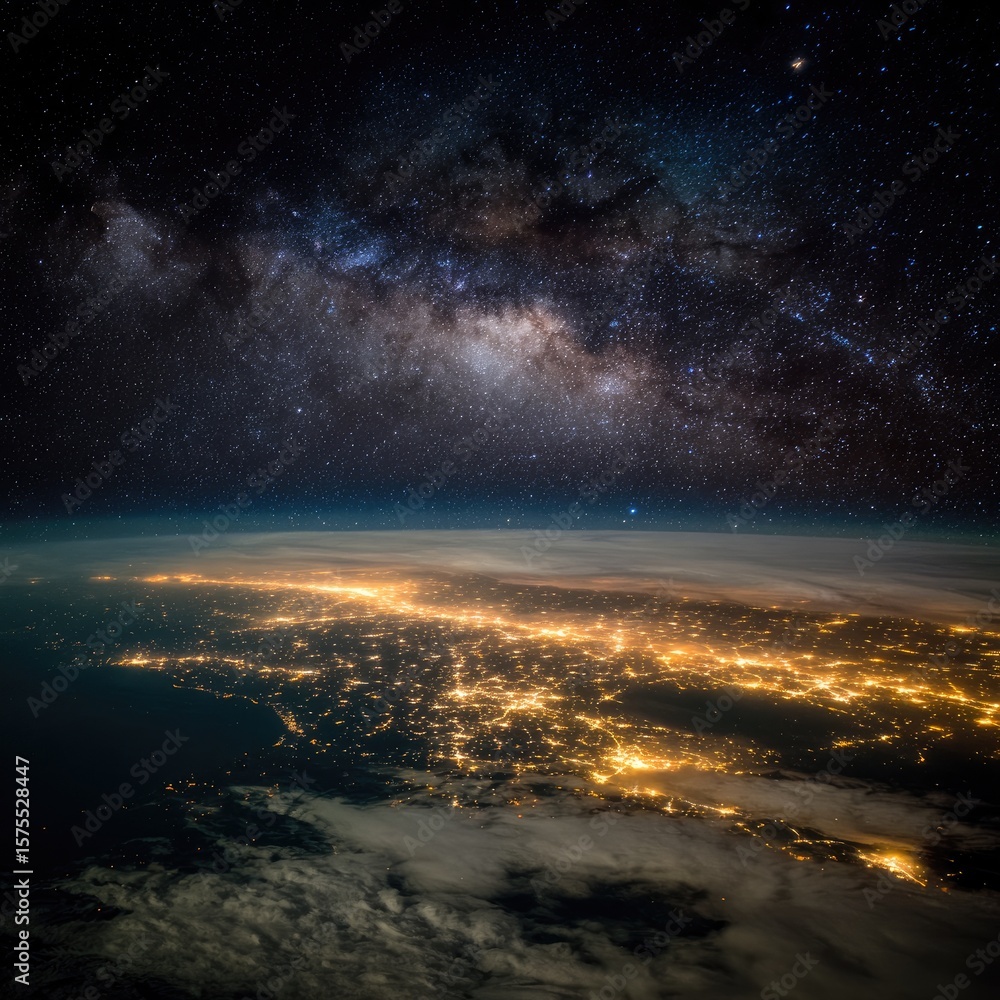 Fototapeta premium Earth at night, lit by city lights, with Milky Way (1)