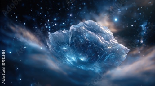 Glowing Blue Cosmic Rock in Dark Space