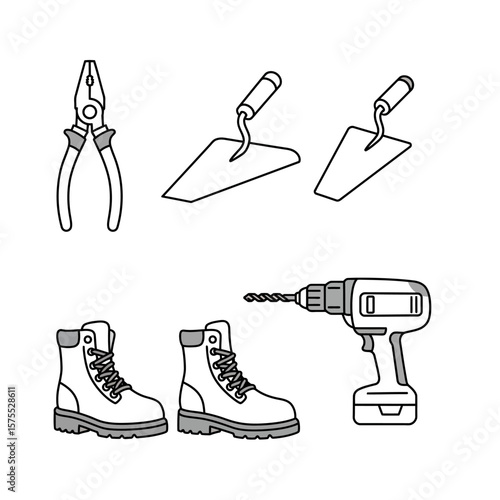 A clean and minimalist line art illustration showcases essential construction tools, including pliers, trowels, work boots, and a cordless drill on a white background.