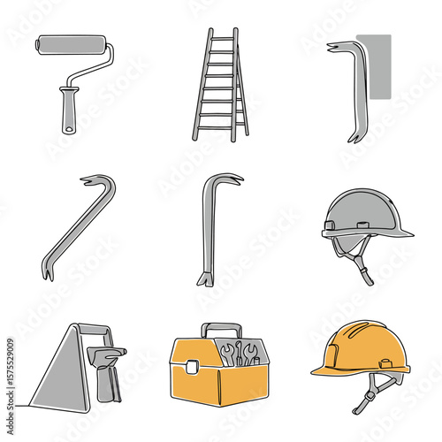 Collection of construction and renovation tools including a paint roller, ladder, crowbars, safety helmets, and a toolbox.