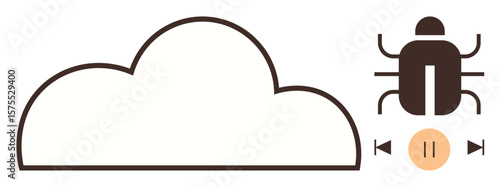 Cloud with a bug and media control buttons portraying debugging, control, and software error management. Ideal for IT solutions, networking, cloud technology, software development, troubleshooting