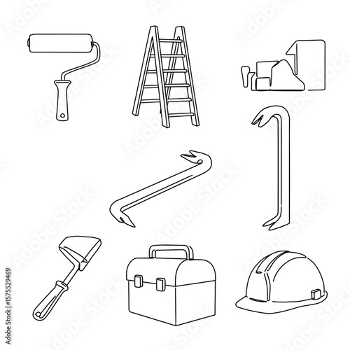 Line art illustration of various construction tools, including a paint roller, ladder, crowbars, toolbox, and hard hat, for home improvement or building projects.