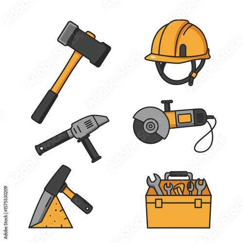 Construction tools displayed against a white background, including a hammer, hard hat, drill, circular saw, and toolbox.