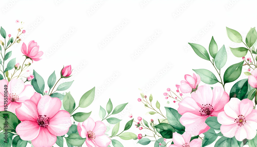 Naklejka premium Pink Flowers Watercolor Border.