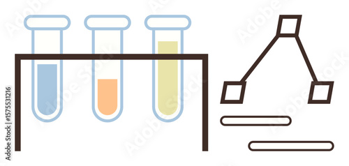 Three test tubes containing blue, orange, and yellow liquids beside a simple process flowchart with interconnected nodes. Ideal for science, research, education, experimentation, analysis, data