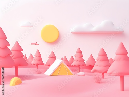 Pink Cartoon Camping Scene,  Tent in Pastel Forest