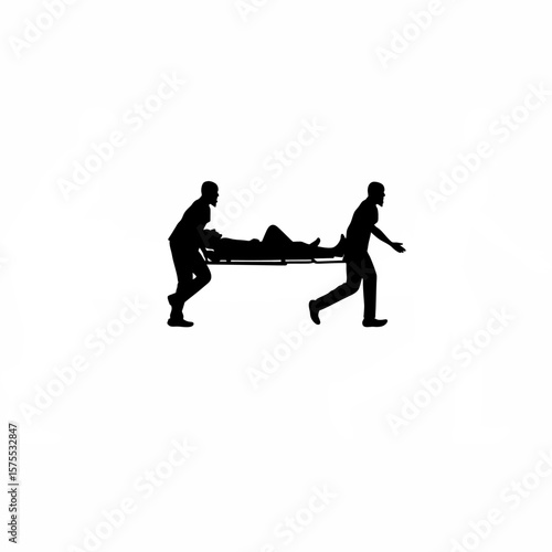 Silhouette of paramedic securing patient on stretcher on white background