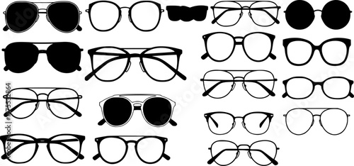 Set of glasses. Vector illustration on white background. Glasses model icons, man, women frames. Sunglasses, eyeglasses isolated on white. silhouettes. Different shapes, frame, styles