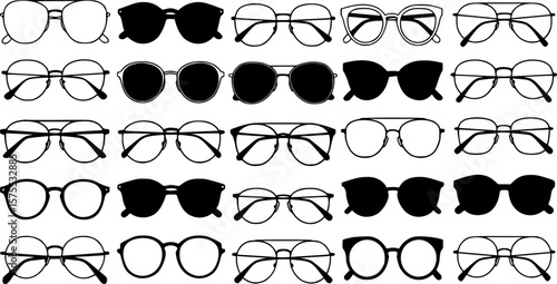 Set of glasses. Vector illustration on white background. Glasses model icons, man, women frames. Sunglasses, eyeglasses isolated on white. silhouettes. Different shapes, frame, styles