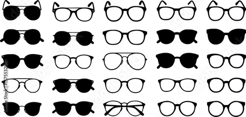 Set of glasses. Vector illustration on white background. Glasses model icons, man, women frames. Sunglasses, eyeglasses isolated on white. silhouettes. Different shapes, frame, styles