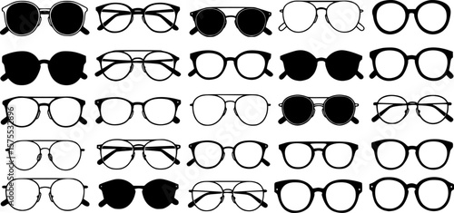 Set of glasses. Vector illustration on white background. Glasses model icons, man, women frames. Sunglasses, eyeglasses isolated on white. silhouettes. Different shapes, frame, styles