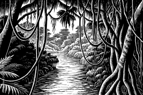 The Amazon rainforest with dense jungle, flowing river, tangled vines, and tropical wildlife vector a bold black and white line art illustration perfect for ecological and adventure design themes