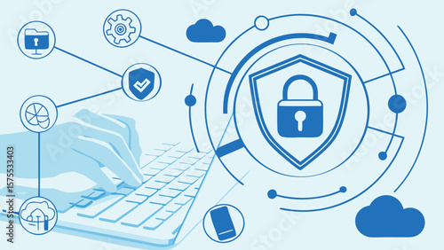 ybersecurity and Online Data Privacy – Flat Vector Illustration of Businessman Using Laptop with Virtual Security Display at Home