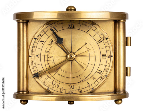 Vintage Brass Pocket Sundial with Engraved Hour Lines and Compass, Front View, Isolated on Transparent Background