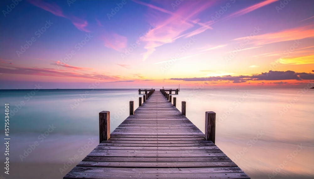 Fototapeta premium A serene wooden pier extends over calm waters, leading into a vibrant sunset sky filled with soft, pastel colors.