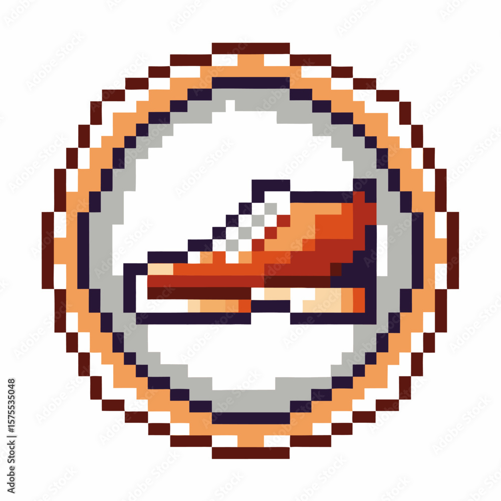 Fototapeta premium Retro pixel art sneaker icon in circular frame vintage gaming shoe badge, 8 bit fashion symbol, nostalgic design