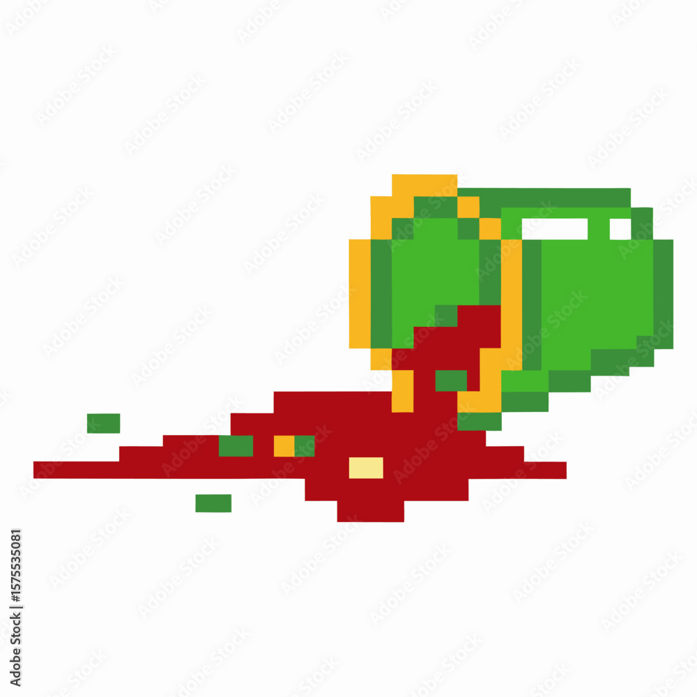 Fototapeta premium Pixel art green mug tipped over, spilling red liquid retro digital style, simple colors, gaming design, nostalgic concept