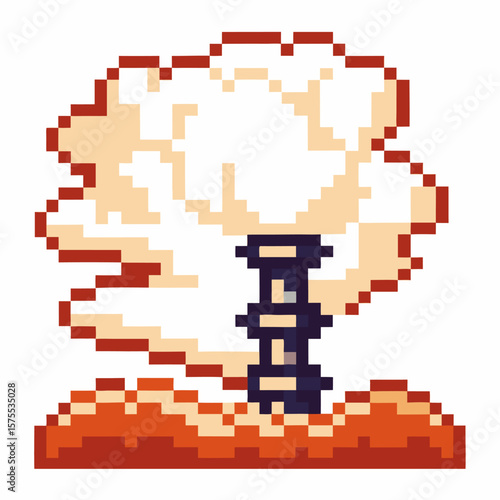 Pixel explosion with smoke cloud and debris, pixelated retro game effect, digital blast, destruction animation