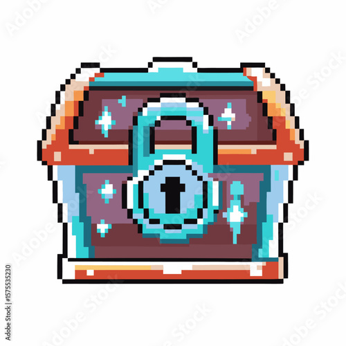 Pixel art locked treasure chest with metallic latch retro game container for rewards, coins or collectibles