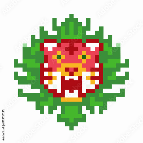 Pixel art red tiger face with open mouth, surrounded by symmetrical green leaves, geometric digital illustration design
