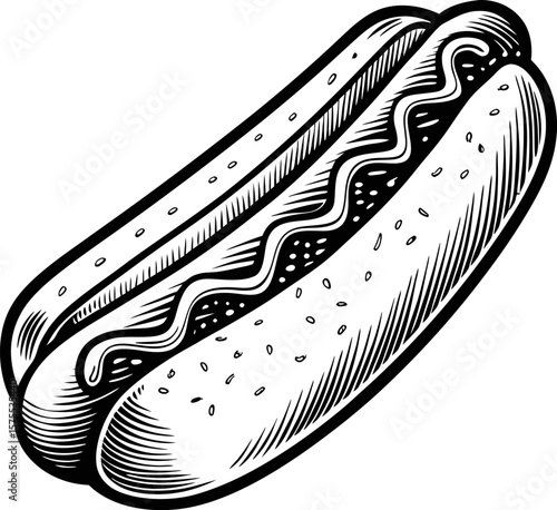 Classic hot dog with sausage and bun, vintage black and white engraving style, detailed fast food illustration