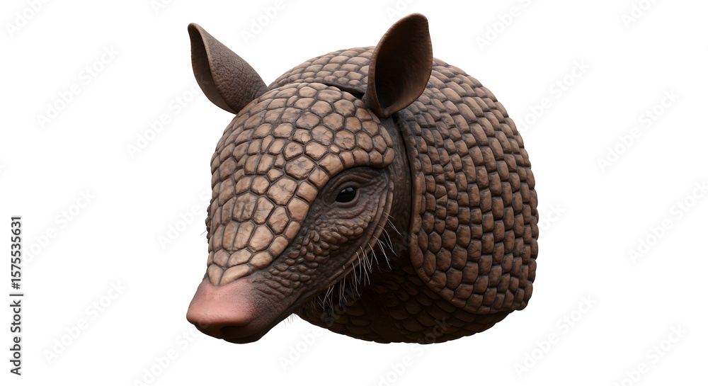 Obraz premium Armadillo close-up showcases its detailed armored shell and intriguing features on a clean white backdrop