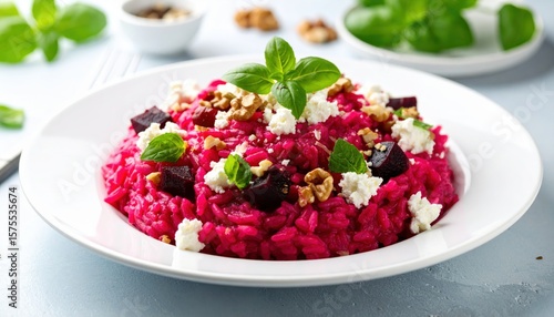 Vibrantly colored beet risotto topped with fresh herbs, cheese, and nuts, ideal for a healthy and visually appealing meal.