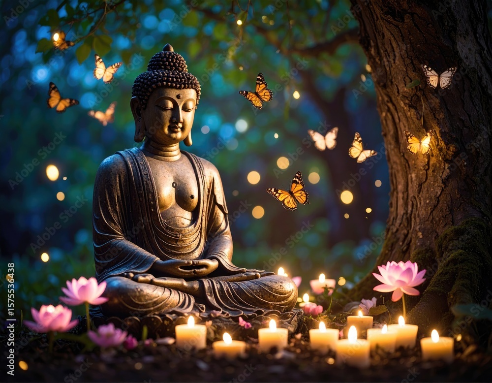 Fototapeta premium Buddha statue in garden at night (1)