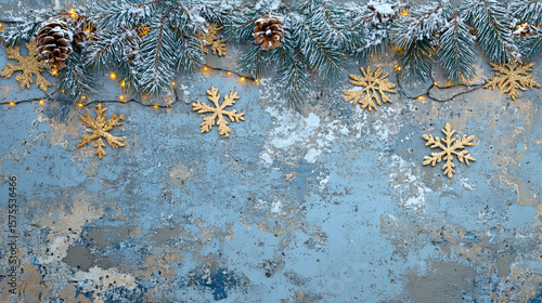 Festive Christmas Border with Snow Covered Pine Branches and Glowing Fairy Lights on a Blue Winter Background

