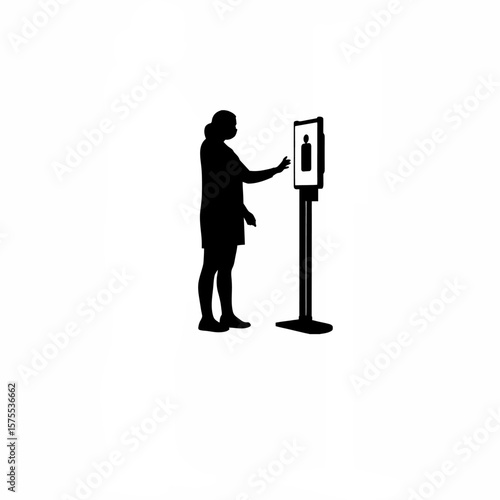 Silhouette of person checking temperature at thermal scanner on white background