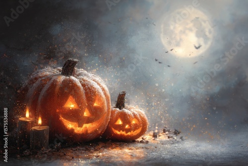 Two lit jackolanterns sit with candles under a full moon and bats creating a spooky Halloween scene