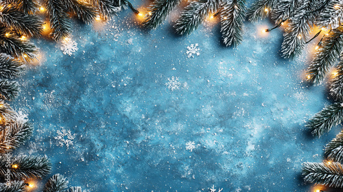 Festive Christmas Border with Snow Covered Pine Branches and Glowing Fairy Lights on a Blue Winter Background

