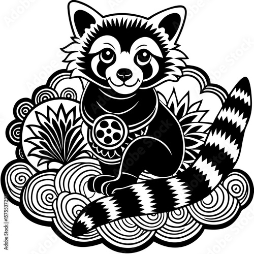 Adorable raccoon graphic in a zen art style, with intricate swirl patterns, great for sticker designs, apparel printing, or any creative project.