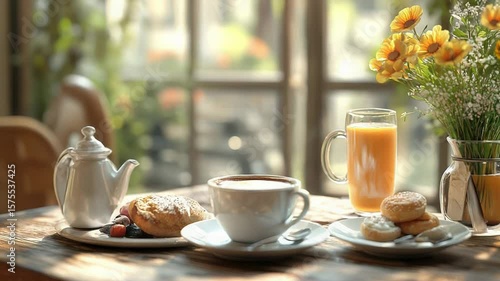 Wallpaper Mural Steaming coffee, fresh juice, and pastries creating a cozy breakfast scene Torontodigital.ca