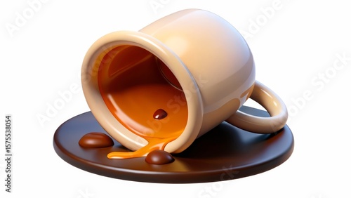 Wallpaper Mural Spilled coffee mug with liquid flowing onto a dark plate and two coffee beans nearby Torontodigital.ca