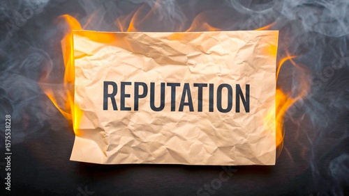 Burning paper with the word reputation illustrates the fragility of one's good name in a tarnished world