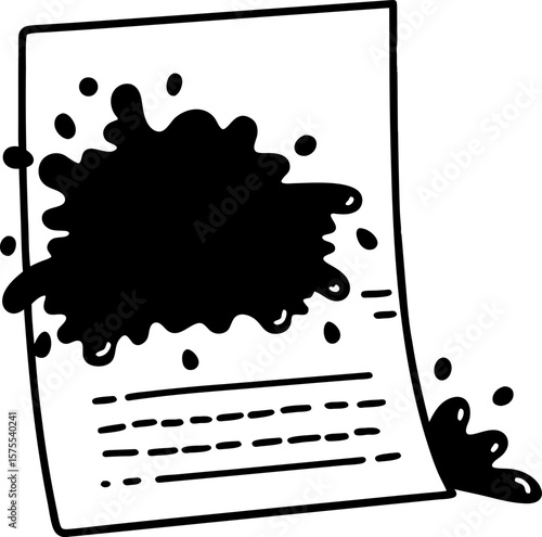 Legal contract document with large ink stain, damaged paper with blurred text, mistake or accident concept illustration